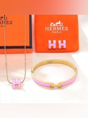 Hermes Style Pink Enamel H Bracelet Set